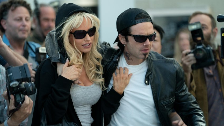 “Pam & Tommy” Episode 102 — Pamela Anderson and Tommy Lee meet, get high and get married… all in four days. Pam (Lily James) and Tommy (Sebastian Stan), shown. (Photo by: Erin Simkin/Hulu)
