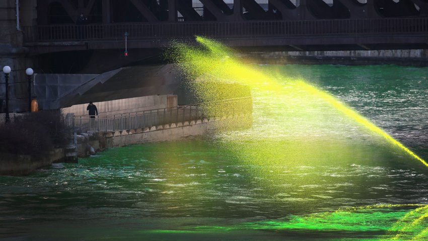 CHICAGO, ILLINOIS – MARCH 16: Workers dye the Chicago River green in celebration of St. Patrick’s day on March 16, 2019 in Chicago, Illinois. Dyeing the river green has been a St. Patrick’s Day tradition in the city since 1962.  (Photo by Scott Olson/Getty Images)