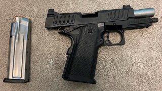 This photo provided by the Transportation Security Administration shows a 9mm Staccato C2 handgun that officials say was found in U.S. Rep. Madison Cawthorn’s, R-N.C., carry-on bag at a Charlotte Douglas International Airport security checkpoint, Tuesday, April 26, 2022.