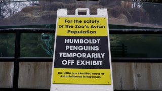 A sign is seen at the Milwaukee County Zoo showing the bird exhibits are closed to protect against bird flu Tuesday, April 5, 2022, in Milwaukee