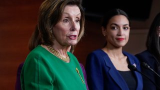 House Speaker Nancy Pelosi, D-Calif., joined at right by Rep. Alexandria Ocasio-Cortez, D-N.Y., announces the creation of the Select Committee on Economic Disparity and Fairness in Growth, chaired by Rep. Jim Himes, D-Conn., to study inequality and disparities in the economy and society, at the Capitol in Washington, Wednesday, June 16, 2021.