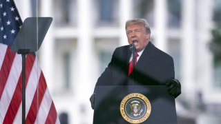 FILE - President Donald Trump speaks during a rally protesting the electoral college certification of Joe Biden as President in Washington on Jan. 6, 2021. The House panel investigating the Jan. 6 insurrection at the Capitol has identified a roughly eight-hour gap in official records of then-President Donald Trump's phone calls as the violence unfolded and his supporters stormed the building, according to a person familiar with the probe.