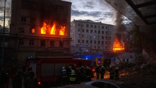 Emergency services are working in the area following an explosion in Kyiv, Ukraine on Thursday, April 28, 2022. Russia struck the Ukrainian capital of Kyiv shortly after a meeting between President Volodymyr Zelenskyy and U.N. Secretary-General António Guterres on Thursday evening.