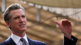 California Governor Gavin Newsom speaks at a press conference in Oakland, California, on Wednesday, on Feb. 9, 2022.