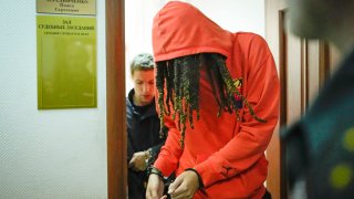 WNBA star and two-time Olympic gold medalist Brittney Griner leaves a courtroom after a hearing, in Khimki just outside Moscow, Russia