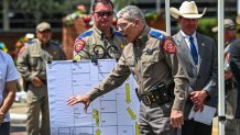 Director and Colonel of the Texas Department of Public Safety Steven C. McCraw speaks at a press conference using a crime scene outline of the Robb Elementary School showing the path of the gunman, outside the school in Uvalde, Texas, on May 27, 2022. - McCraw said Friday that in "hindsight" it was the wrong decision for police not to immediately breach the Uvalde classroom where a gunman ultimately shot dead 19 children and two teachers. "From the benefit of hindsight... it was the wrong decision, period," McCraw told a news conference at which he was assailed by questions over why police waited for reinforcements before going in. (Photo by CHANDAN KHANNA / AFP) (Photo by CHANDAN KHANNA/AFP via Getty Images)