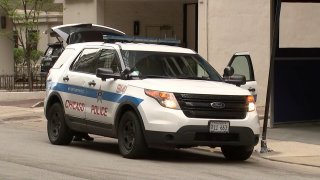 A white and blue Chicago police SUV sits outside of a business in a generic file photo