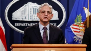 U.S. Attorney General Merrick Garland announces charges against a suspect from Ukraine and a Russian national over a July ransomware attack on an American company, during a news conference at the Justice Department in Washington, November 8, 2021.
