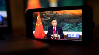 China is hosting the annual BRICS summit virtually this year. Pictured here is Chinese President Xi Jinping speaking via video at the United Nations General Assembly in New York, U.S., on Tuesday, Sept. 21, 2021.