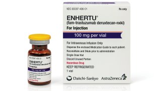 This undated photo provided by Daiichi Sankyo and AstraZeneca in June 2022 shows a vial and packaging for their Enhertu, an antibody-chemotherapy drug