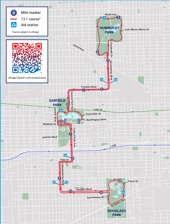Mapa de la ruta del Medio Maratón de Chicago.