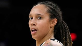 Phoenix Mercury center Brittney Griner is shown during the first half of Game 2 of basketball’s WNBA Finals against the Chicago Sky, Oct. 13, 2021, in Phoenix.