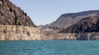 A view the lines of past water levels, known as the bathtub rings, at Lake Mead.