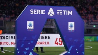 A general view of the Serie A logo prior the Serie A match between Bologna FC v AS Roma at Stadio Renato Dall'Ara on Dec. 1, 2021, in Bologna, Italy.