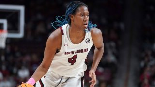 South Carolina forward Aliyah Boston dribbles during the first half of an NCAA college basketball game against Auburn, Feb. 17, 2022, in Columbia, S.C.