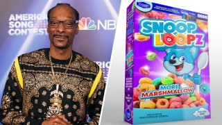 Composite image: Snoop Dogg, left. Snoop Loopz cereal, right.