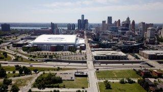 An aerial view of downtown Detroit and interstate route 375 on July 14 2022