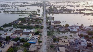 Residential areas flooded after heavy monsoon rain in Pakistan’s Jaffarabad district, Balochistan province, earlier this month. “Impactful levels of monsoon rainfall will occur more often in a world which is warmer than today,” one analyst said.