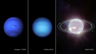 This composite image provided by NASA on Wednesday, Sept. 21, 2022, shows three side-by-side images of Neptune. From left, a photo of Neptune taken by Voyager 2 in 1989, Hubble in 2021, and Webb in 2022.