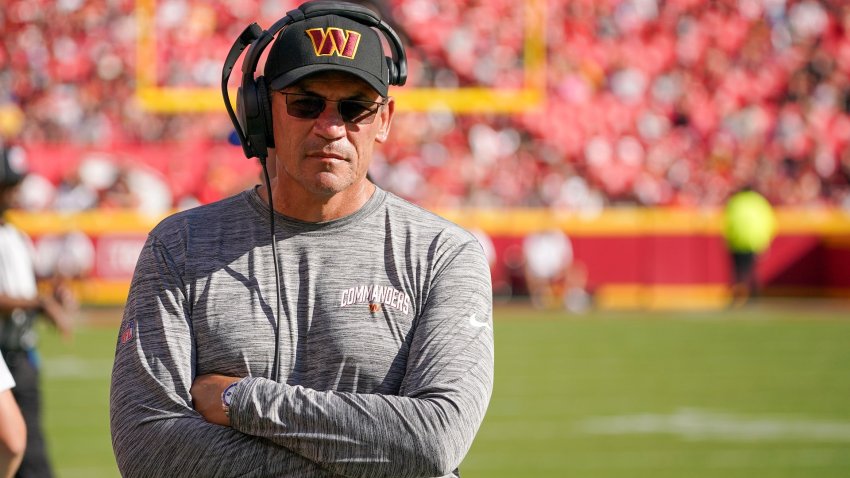 Aug 20, 2022; Kansas City, Missouri, USA; Washington Commanders head coach Ron Rivera watches play against the Kansas City Chiefs during the second half at GEHA Field at Arrowhead Stadium. Mandatory Credit: Denny Medley-USA TODAY Sports