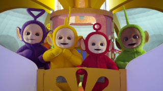 Jeremiah Krage as Tinky Winky, Rebecca Hyland as Laa-Laa, Rachelle Beinart as Po and Nick Kellington as Dipsy in Teletubbies.