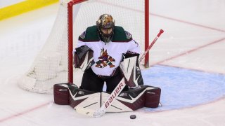 Jan 19, 2022; Newark, New Jersey, USA; Arizona Coyotes goaltender Karel Vejmelka (70) makes a save against the New Jersey Devils during the third period at Prudential Center. Mandatory Credit: Ed Mulholland-USA TODAY Sports