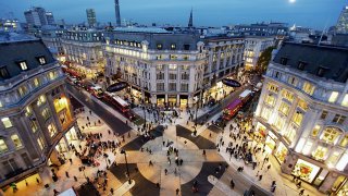 The Oxford Circus crossing at sunset.