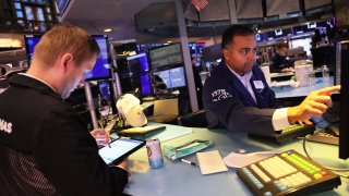 Traders work on the floor of the New York Stock Exchange during morning trading on November 02, 2022 in New York City.
