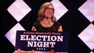 Democratic candidate for Governor of Arizona Katie Hobbs reacts at a 2022 U.S. midterm elections night party in Phoenix, Arizona, November 8, 2022.