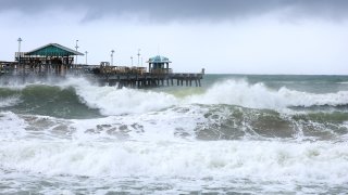 The ocean is whipped up by Tropical Storm Nicole near Anglin’s Fishing Pier on November 09, 2022 in Lauderdale-By-The-Sea, Florida.