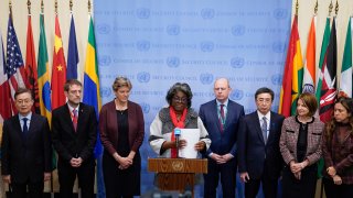 Ambassador to the United Nations Linda Thomas-Greenfield, center, makes a statement on behalf of other member states regarding North Korea after a Security Council meeting at U.N. headquarters, Monday, Nov. 21, 2022. The meeting was called to discuss recent NoKorean missile launches.