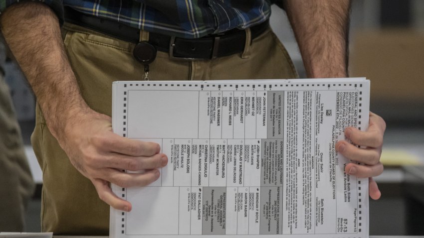 An election worker organizes ballots to be counted at the Philadelphia Ballot Processing Center in Philadelphia, Nov. 8, 2022.