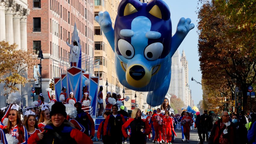 NEW YORK, NY – NOVEMBER 24: The Bluey balloon floats along Central Park West during the Macy’s Thanksgiving Day Parade on November 24, 2022, in New York City.  (Photo by Gary Hershorn/Getty Images)