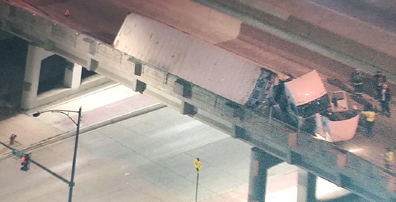 Semitruck Full of Meat Rolls on Its Side in Crash on Stevenson Expressway