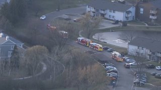 Several fire trucks and ambulances surround a pond in Palatine after two children reportedly fell into the water. Apartment buildings surround the body of water