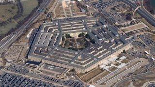 The Pentagon is seen from Air Force One as it flies over Washington, March 2, 2022. A new Pentagon office set up to track reports of unidentified flying objects has received “several hundreds” of new reports, but no evidence so far of alien life.