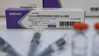 A box containing Sinovac COVID-19 vaccine is seen during 2022 Beijing Science and Technology Week on August 20, 2022 in Beijing, China.