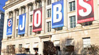 A jobs sign hangs above the entrance to the US Chamber of Commerce building in Washington, DC.