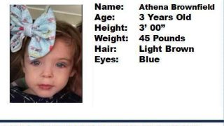 This image provided by the Oklahoma Highway Patrol, shows a missing persons flyer for 4-year-old Athena Brownfield, who authorities say has been missing since Tuesday, Jan. 10, 2023.