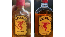 On the left a bottle of Fireball Cinnamon;  Fireball Cinnamon Whiskey, right.