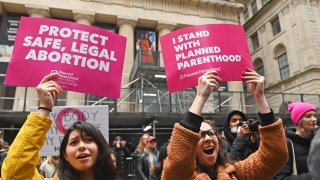 Demonstrators take part in the annual National Women’s March in New York on January 22, 2023, marking the 50th anniversary of the 1973 US Supreme Court Roe v. Wade decision. – The Court on June 24, 2022, struck down the Roe v. Wade decision which legalized abortion, ending five decades of constitutional protections. (Photo by Andrea RENAULT / AFP) (Photo by ANDREA RENAULT/AFP via Getty Images)