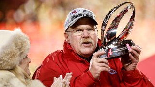 Kansas City Chiefs head coach Andy Reid celebrates with the Lamar Hunt Trophy after winning the AFC Championship NFL football game between the Kansas City Chiefs and the Cincinnati Bengals at GEHA Field at Arrowhead Stadium on January 29, 2023 in Kansas City, Missouri.