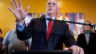 Former Vice President Mike Pence speaks during a parent’s rights rally on Feb. 15, 2023, in Cedar Rapids, Iowa.