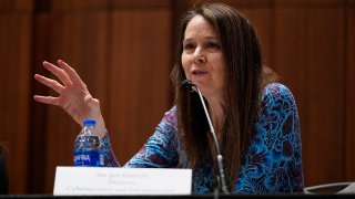 Jen Easterly, director of the Department of Homeland Security's Cybersecurity and Infrastructure Security Agency, speaks at the National Association of Secretaries of State winter meeting, Feb. 16, 2023, in Washington.