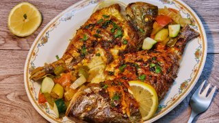 Grilled Sea Bream fish served with vegetables. (Photo by Creative Touch Imaging Ltd./NurPhoto via Getty Images)