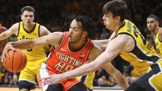 IOWA CITY, IOWA- FEBRUARY 04: Guard Ty Rodgers #20 of the Illinois Fighting Illini battles under the basket during the first half against forward Patrick McCaffery #22 of the Iowa Hawkeyes at Carver-Hawkeye Arena, on February 4, 2023 in Iowa City, Iowa. (Photo by Matthew Holst/Getty Images)