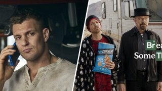 (L-R) Rob Gronkowski in the FanDuel Super Bowl ad, and Bryan Cranston and Aaron Paul reunite for PopCorners spot.