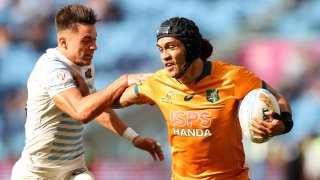 Dietrich Roache of Australia makes a break before scoring a try during the 2023 Sydney Sevens match between Argentina and Australia at Allianz Stadium on Jan. 28, 2023 in Sydney, Australia.