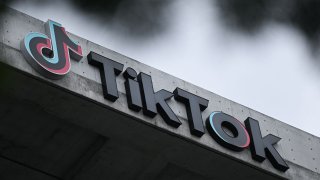 The TikTok logo is displayed outside TikTok social media app company offices in Culver City, California, on March 16, 2023.