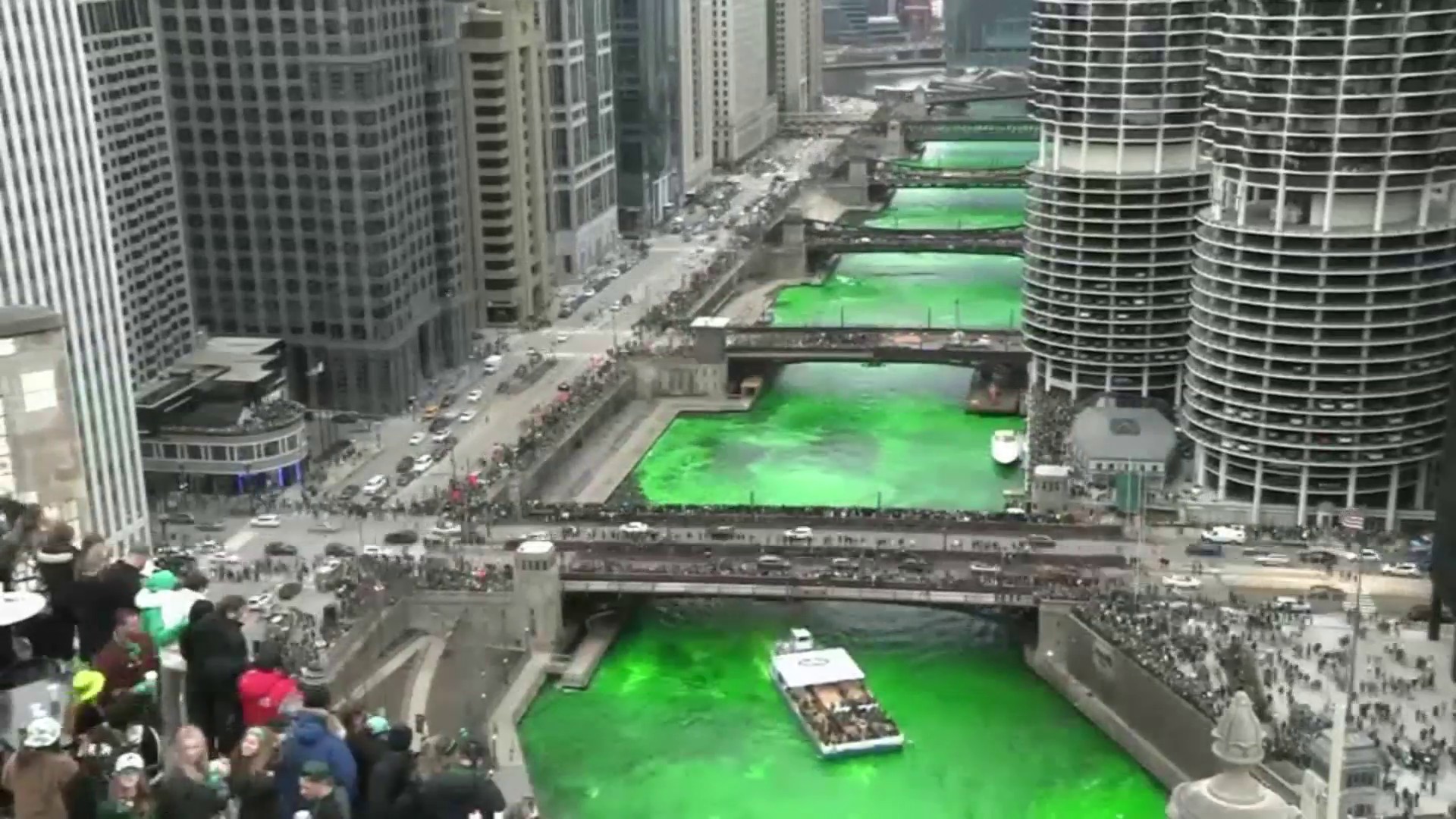 Chicago River dyed green in honor of their St. Patrick's Day tradition